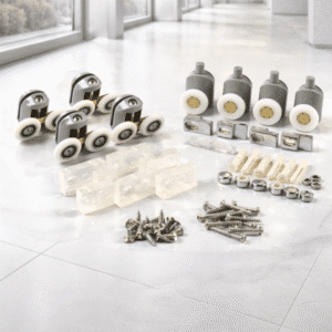 Set de carretillas rodamientos gomas topes tornillos para cancel 2 puertas HE-001