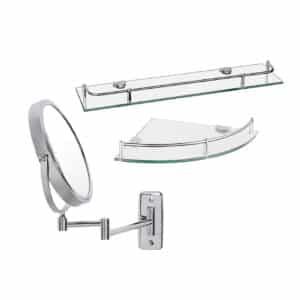 Kit Bel Espejo baño redondo a pared muro plegable 20 cms doble cara aumento y dos repisas de cristal - Imagen 6