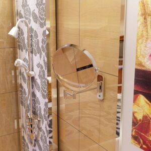 Kit Bel Espejo baño redondo a pared muro plegable 20 cms doble cara aumento y dos repisas de cristal - Imagen 9