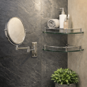 Kit Bel Espejo baño redondo a pared muro plegable 20 cms doble cara aumento y dos repisas de cristal - Imagen 1