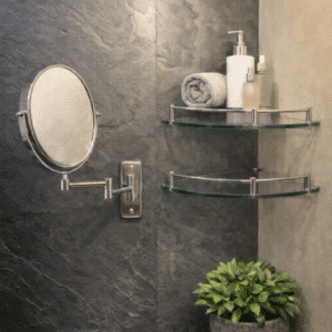 Kit Bel Espejo baño redondo a pared muro plegable 20 cms doble cara aumento y dos repisas de cristal
