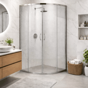 Cancel cabina para baño económico curvo sin base con rayas 88 x 88 x 182 CA-ROM + 2 repisas gratis