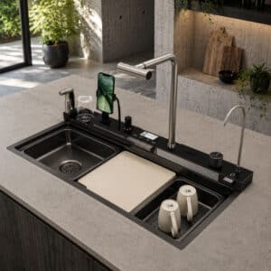 Econokit Lusso Tarja negra fregadero inteligente con cascada, grifo extraíble, dispensador agua, panel digital, jabonera y colador incluidos